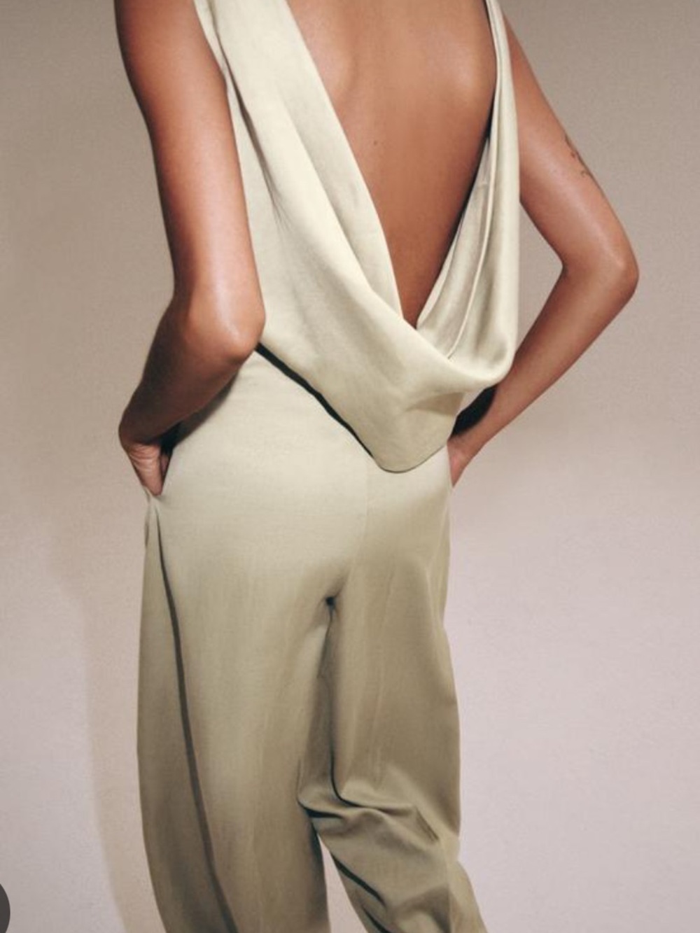 Zara Backless Wide-Leg Jumpsuit in Light Olive